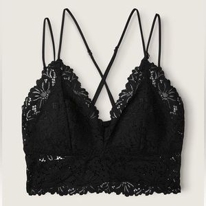 LACE BRALETTE VICTORIA SECRET •PINK• LONGLINE SMOCKED CROSS BACK BLACK WOMENS XS